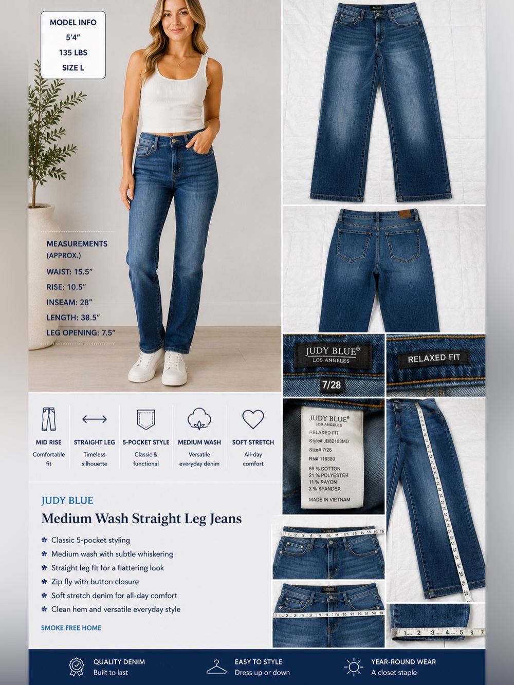 Judy Blue Relaxed Fit Medium Wash Straight Leg Jeans Size 7/28 Stretch Denim